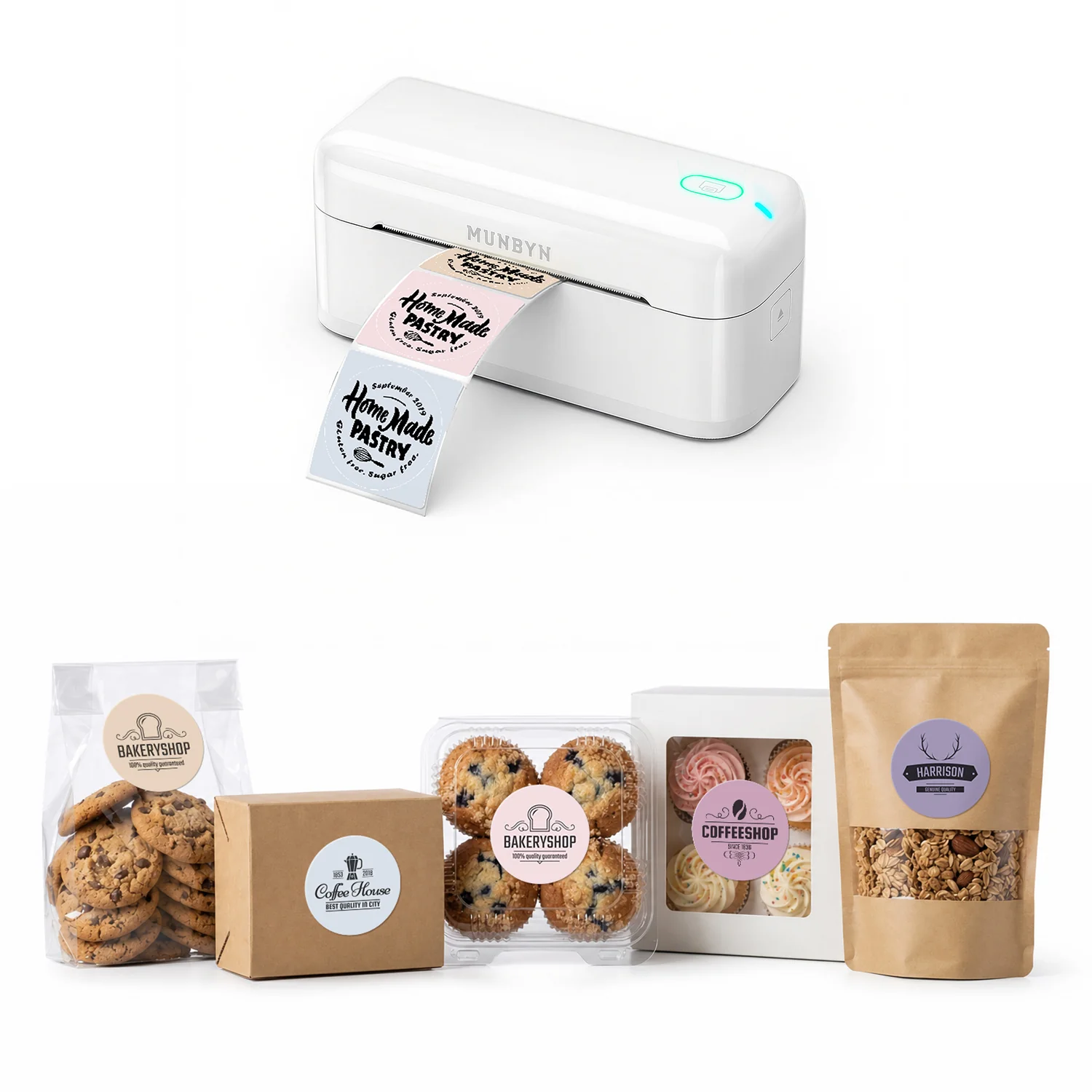 MUNBYN RealWriter 402B Bluetooth Printer & Morandi Labels Bakery Packaging Branding Kit