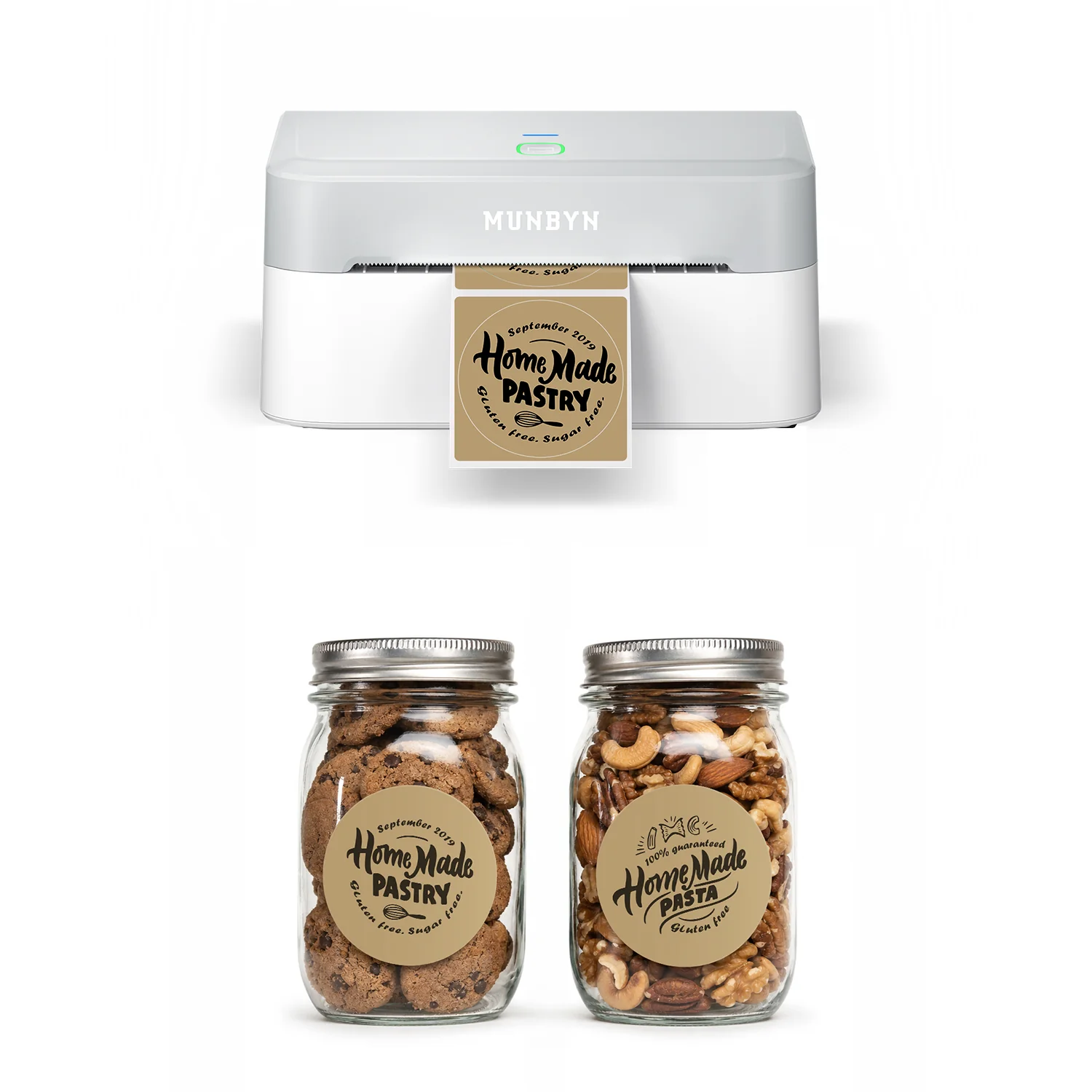 MUNBYN 403B Bluetooth Wireless Printer & Circle Sticker Labels Bakery Product Starter Kit