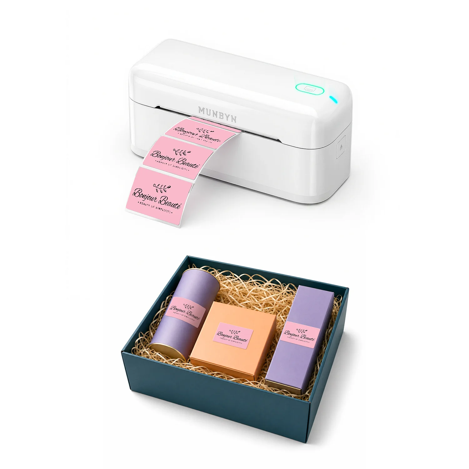 MUNBYN RealWriter 402B Bluetooth Printer & Rectangle Labels Beauty Packaging Branding Kit