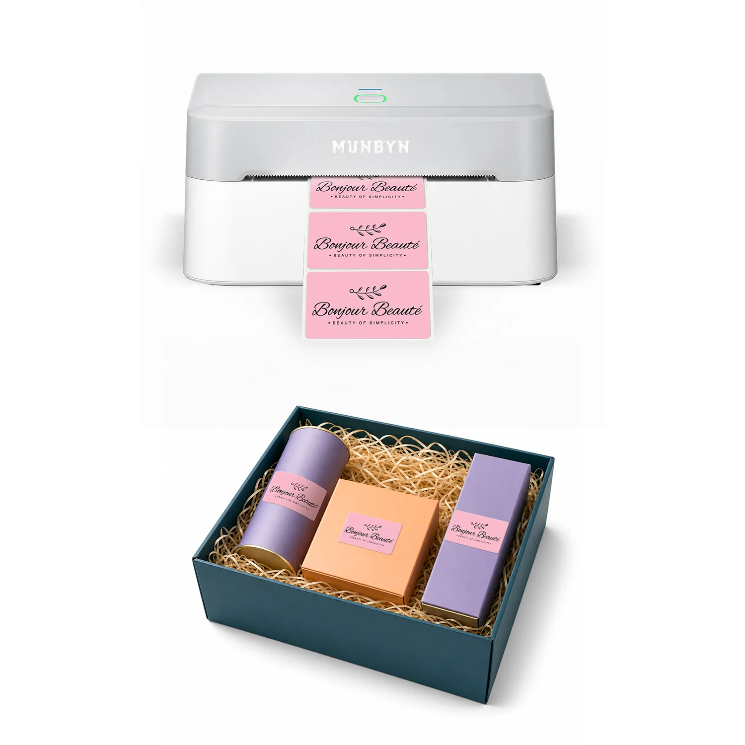 MUNBYN RealWriter 403B Bluetooth Printer & Rectangle Labels Beauty Packaging Starter Kit