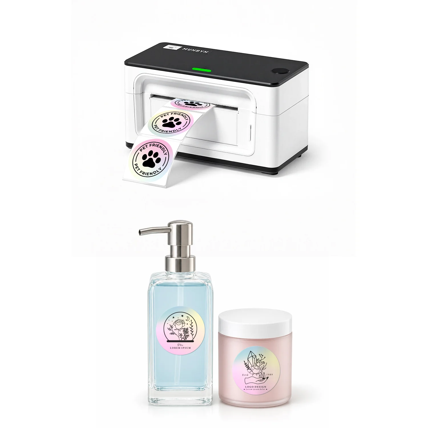 MUNBYN 941BP 300DPI Bluetooth Printer & Colour Gradient Labels Beauty Product Branding Kit