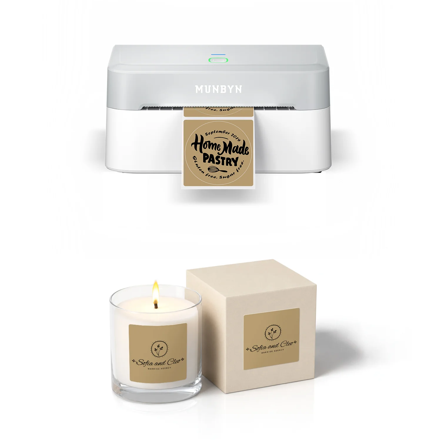 MUNBYN RealWriter 403B Bluetooth Printer & 2x2 Square Labels Candle Packaging Branding Kit