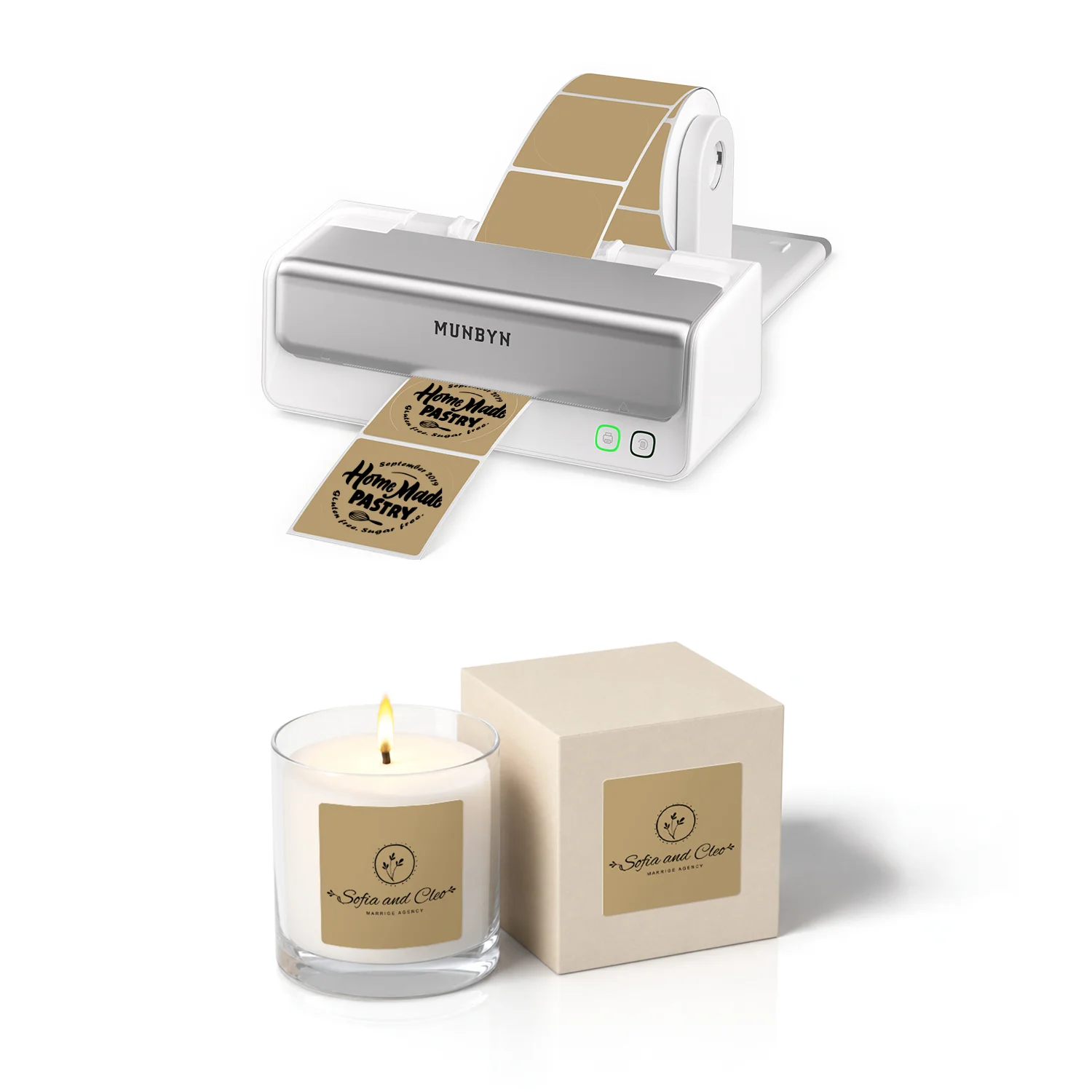 MUNBYN RealWriter 405B Bluetooth Printer & 2x2 Square Labels Candle Packaging Pro Kit