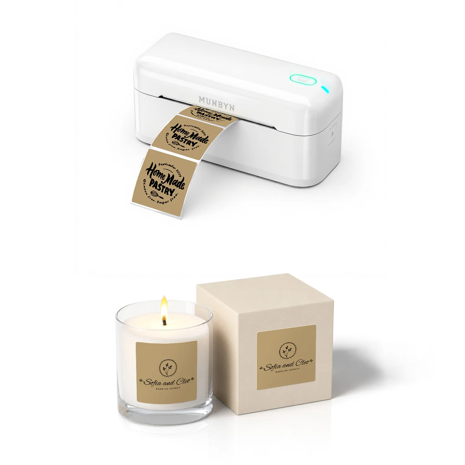 MUNBYN RealWriter 402B Bluetooth Printer & 2x2 Square Labels Candle Packaging Starter Kit