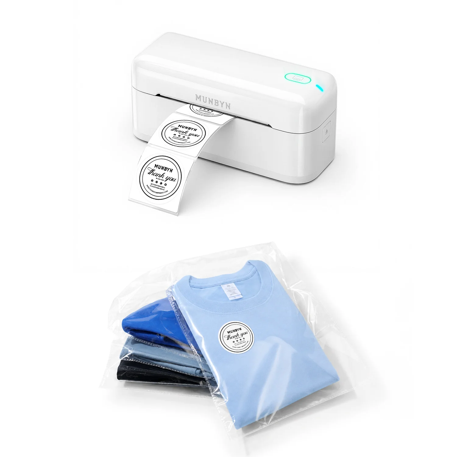 MUNBYN RealWriter 402B Bluetooth Printer & Circle Labels Clothing Packaging Branding Kit