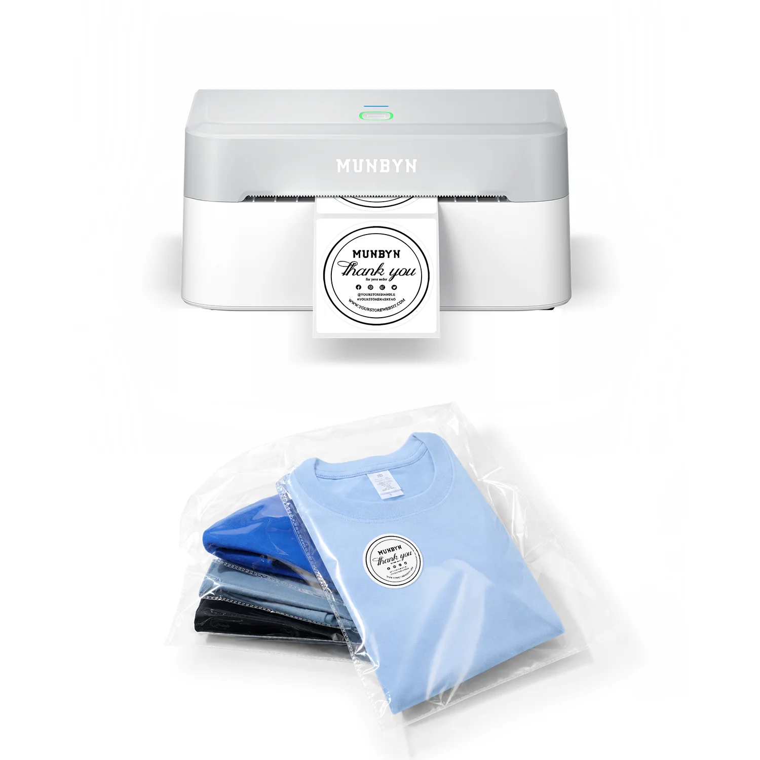MUNBYN RealWriter 403B Bluetooth Printer & Circle Labels Clothing Packaging Starter Kit