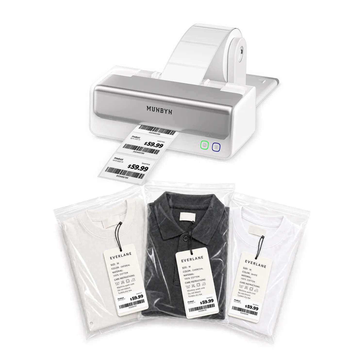 MUNBYN RealWriter 405B Bluetooth Printer & Rectangle Labels Clothing Product Pro Kit