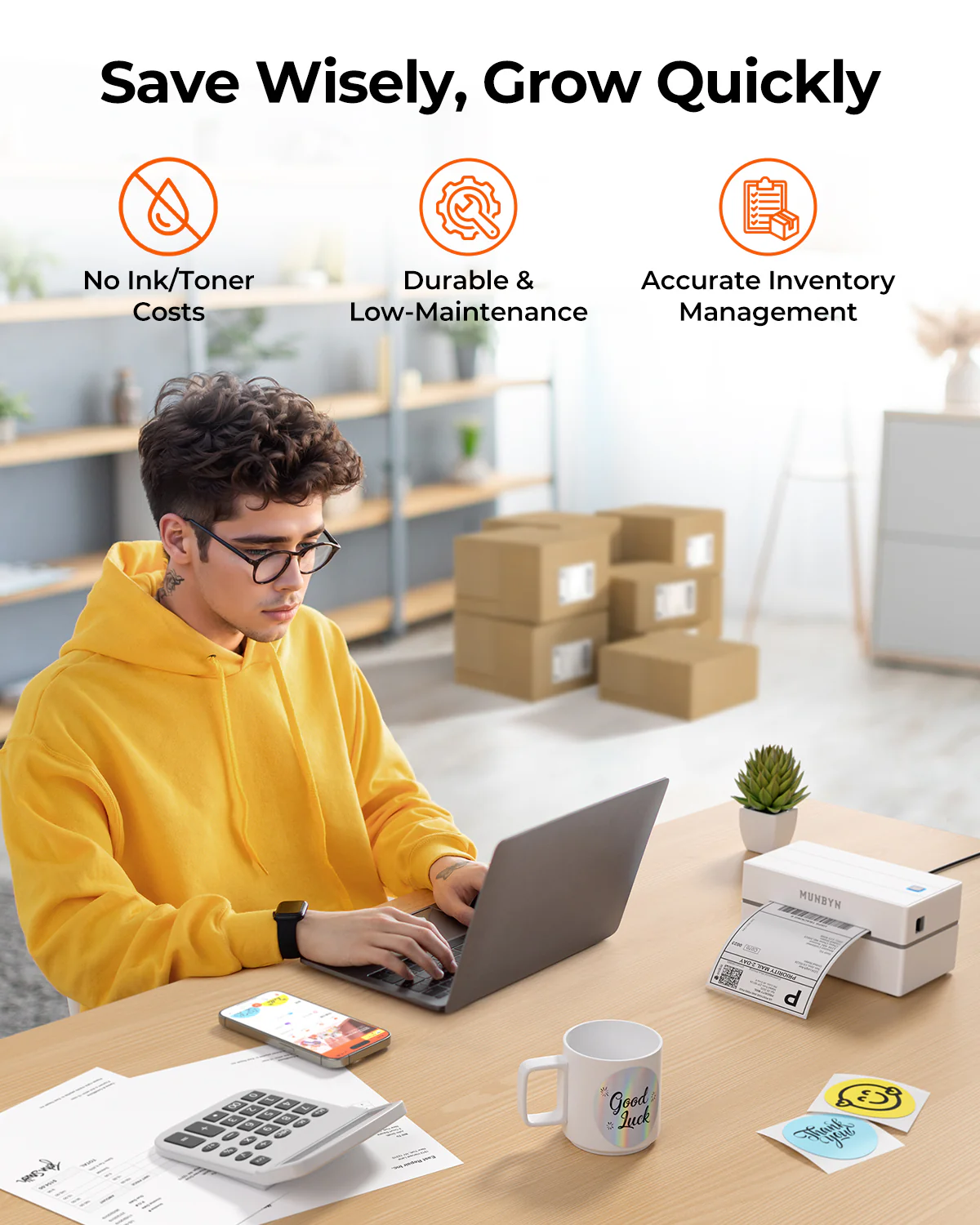 MUNBYN RealWriter 130B Bluetooth Printer & Circle Labels Shopify Packaging & Branding Classic Kit - Image 11