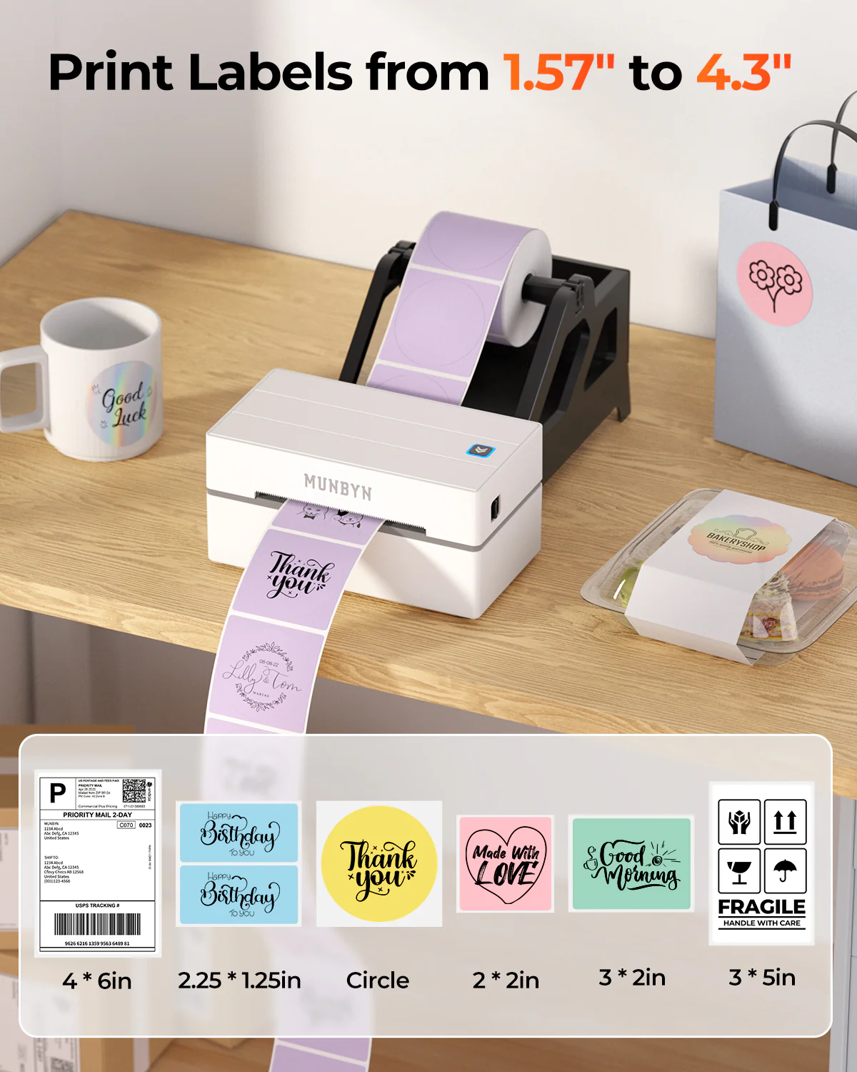 MUNBYN RealWriter 130B Bluetooth Printer & Circle Labels Shopify Packaging & Branding Classic Kit - Image 7